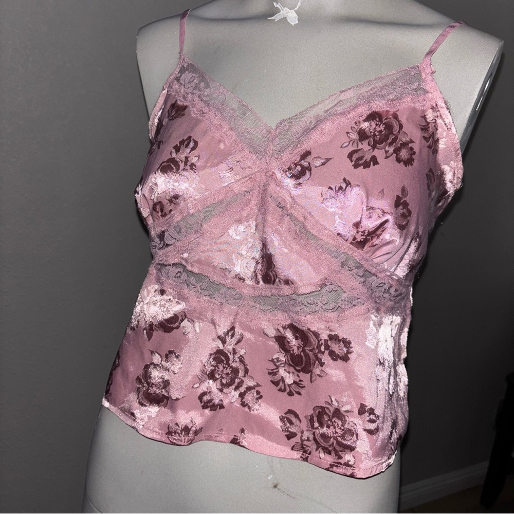 Floral Lace Trim Satin Camisole - Pink